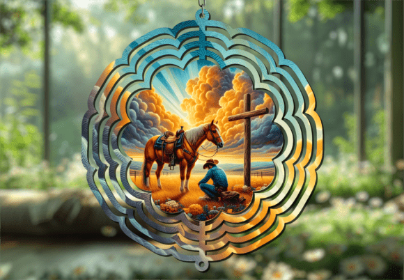 Praying Cowboy Cross Horse Wind Spinner: Faith Meets Motion