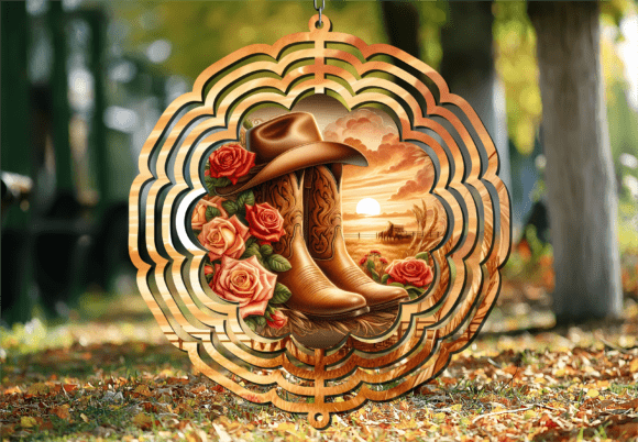 Rustic Cowboy Boots Sunset Wind Spinner