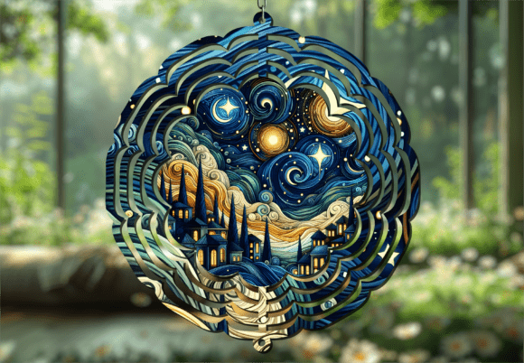 Starry Night Village Scene Wind Spinner